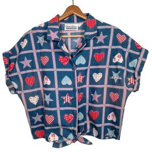 Vintage 1980s Blouse L Shirt  Blue Red Heart Star USA Patriotic Crop Connections